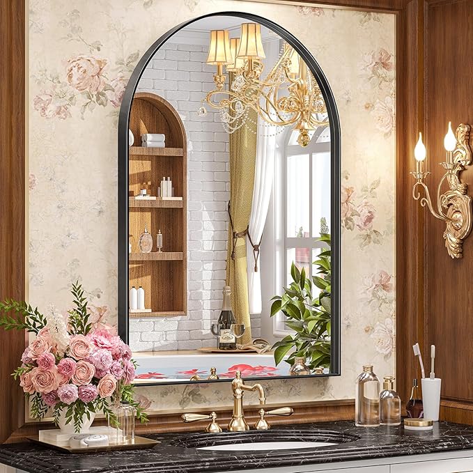 Brightify Arched Mirror, 26 x 38 Inch Black Arch Wall Mirror, Metal Frame Black Bathroom Mirror, Arched Top Bathroom Vanity Mirror for Living Room Bedroom Mantel Entryway