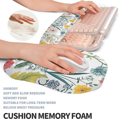 2-in-1 Ergonomic Set, Wave Keyboard Wrist Rest and Massage Slope Mouse Pad Wrist Support, Rebound Memory Foam for Relieve Carpal Tunnel Syndrome and Wrist Pain (Pink Flowers)