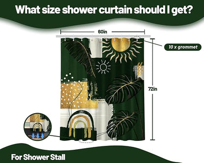 Green and Gold Mid Century Modern Shower Curtain Bohemian Abstract Shower Curtains for Bathroom Decor Sets, Waterproof Cloth Fabric with Hooks, 60x72 Inch