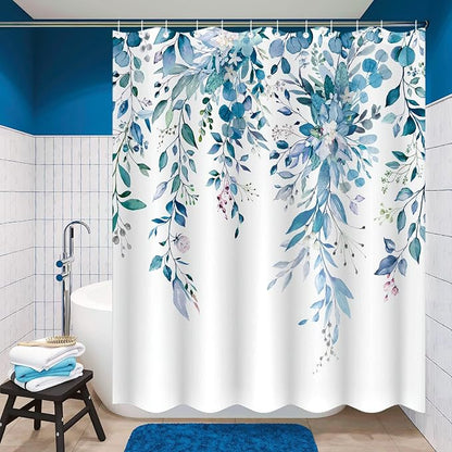 84 Inch Extra Long Blue Eucalyptus Shower Curtain Watercolor Floral Plant Leaf Shower Curtains for Bathroom Botanical Flower Waterproof Fabric Bath Curtain Decor with Hooks (Blue, 72'' x 84'')