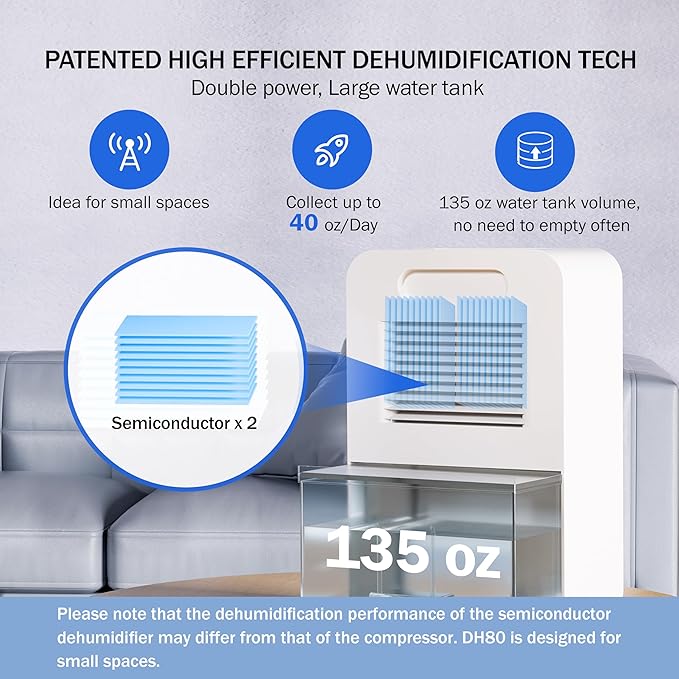 Frizzlife DH80 Air Dehumidifier, 135oz Water Tank W/Purifying Function