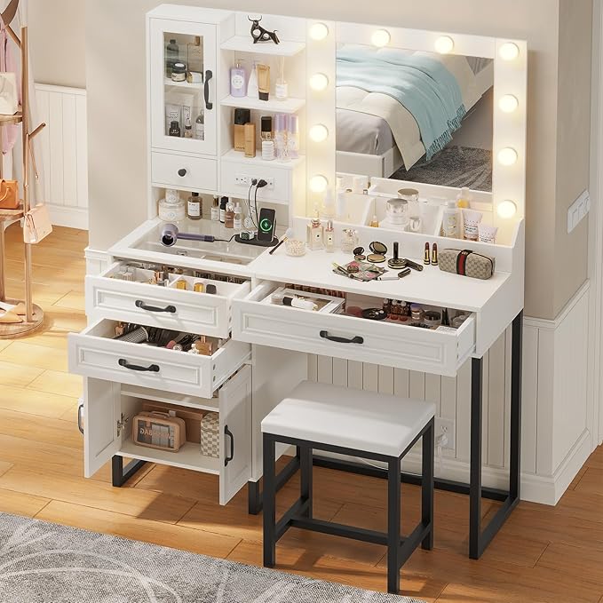 Makeup Vanity Desk with Mirror and Lights & Stool, Glass Top Vanity Table Set with Charging Station, 4 Stoarge Drawers & Double-Door Cabinet, Modern White & Black