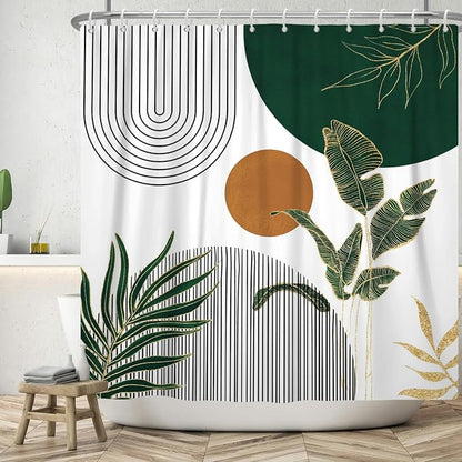 Mid Century Boho Modern Shower Curtain for Bathroom Abstract Sun Arch Geometric Leaves Minimalist Shower Curtain Set Waterproof Polyester Fabric 72x72 Inches