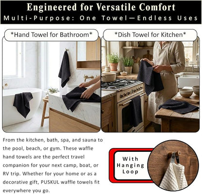 PÜSKÜL Natural 100% Turkish Cotton Waffle Kitchen Towels Set of 3 | Oeko-Tex, Premium Waffle Hand Towels for Bathroom | Soft Absorbent Quick-Dry Lint-Free Dish Towel Large 32x16 inch (3, Black)