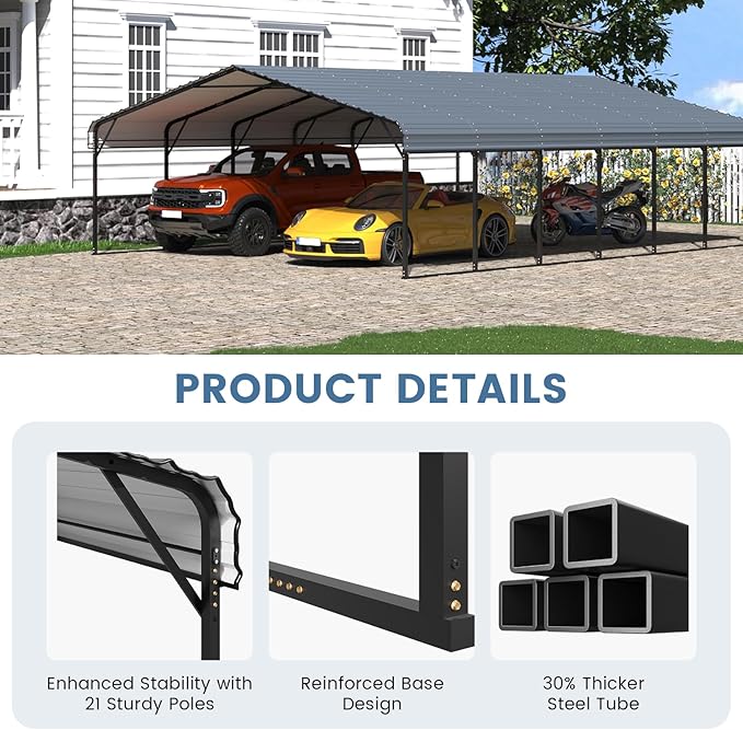EROMMY 20x30 FT Heavy Duty Metal Carport, Carports with Galvanized Steel Roof and Frame, Sturdy Car Shed in All Weathers, Easy Assembly Car-Shelter for 2 Cars, SUV, Tractors and Boat, Gray