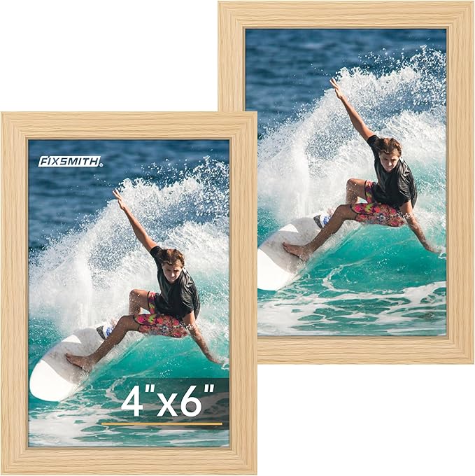 FIXSMITH 4x6 Picture Frame Set of 2, 4x6 Photo Frames with HD Plexiglass for Wall Hanging or Tabletop Display, Natural