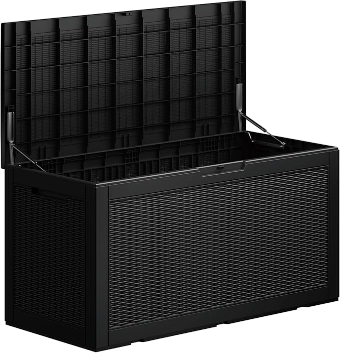 100 Gallon Double-Wall Resin Deck Box - Lockable Waterproof Outdoor Storage Box, 1000lbs Capacity & Doubles as Seating for Patio Furniture - Garden Tools, Pool Accessories (Black)