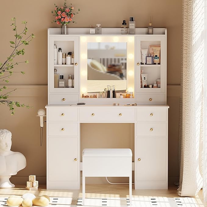 Vanity Desk with Mirror and Lights, White Vanity Mirror with Lights Desk and Chair & Charging Station, Makeup Vanity Desk with Lights for Women Bedroom 3 Color Modes Adjustable