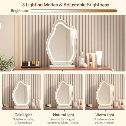 Vanity Desk with Mirror and LED Lights| Small Makeup Table with 5 Drawers and Adjustable Storage Cabinet| Modern Space-Saving Dressing Table for Bedroom(Walnut Top with White Base)