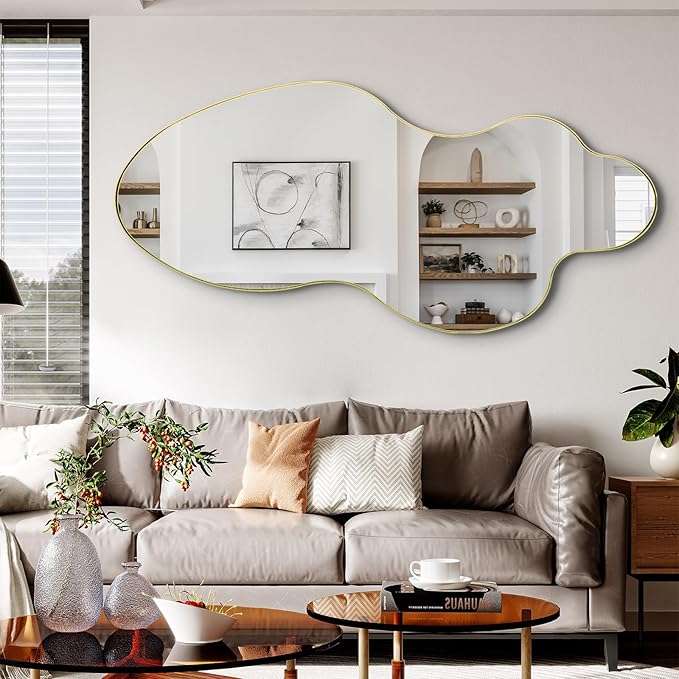 Large Irregular Wall Mirror, 60"x30" Asymmetrical Decorative Accent Mirror with Gold Metal Frame, Organic Shape Mirrors for Entryway Bedroom Living Room, Horizontal or Vertical Hanging