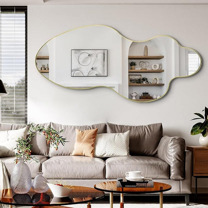 Large Irregular Wall Mirror, 60"x30" Asymmetrical Decorative Accent Mirror with Gold Metal Frame, Organic Shape Mirrors for Entryway Bedroom Living Room, Horizontal or Vertical Hanging