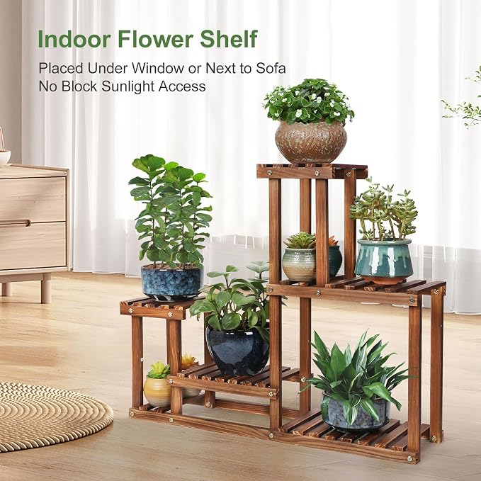 Pine Wood Plant Stand Indoor Outdoor Multi Layer Flower Shelf Rack Higher and Lower Plant Holder in Garden Balcony Patio Living Room (4 Tiers )