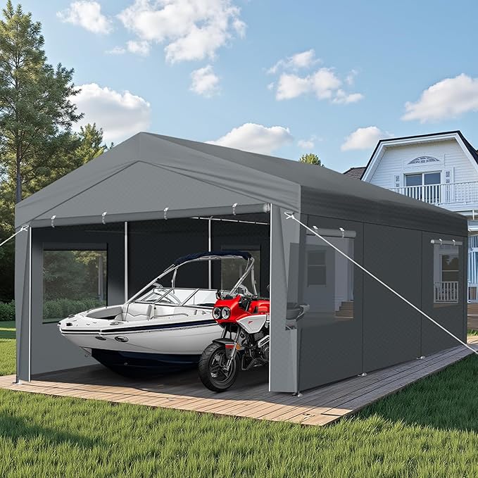VINGLI 12x20 Carport Canopy Portable Garage with Roll-up Windows & Removable Sidewalls, Car Canopy Heavy Duty Car Tent Garage for SUV, Boats, RVs, Trucks (with Sidewalls)