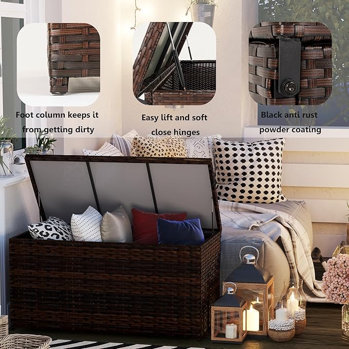 Outdoor 70 Gallon Wicker Storage Box with Waterproof Liner, Patio PE Rattan Storage Container for Outside, Deck Box with Hinged Lid for Cushions, Pillows, Towels, Horizontal Bin, Brown