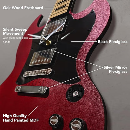 goodtime SG Style Guitar Wall Clock, 18 Inch Red Decor | Silent Sweep Movement, Oak Fretboard | Unique Gift for Men, Guitar Lovers, Musicians, and Man Cave