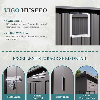4 * 9.2 FT Outdoor Storage Shed, Galvanized Steel Garden Shed with Lockable Door & Window, Waterproof Metal Tool Storage for Garden, Backyard, Patio, Lawn(Gray)