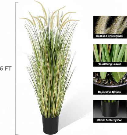 KOL Artificial 5ft Horsetail Reed Grass – 59in Tall Faux Grass Plant in Pot, Indoor Outdoor Artificial Greenery for Home, Office, Wedding & Party Decor