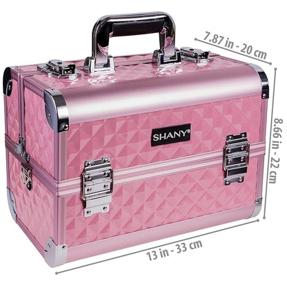 SHANY Premier Fantasy Professional Makeup Train Case Cosmetic Box Portable Makeup Case Organizer Jewelry storage with Locks, 3 Trays, Makeup Brush Holder and Cosmetics Mirror - Pink Diamond