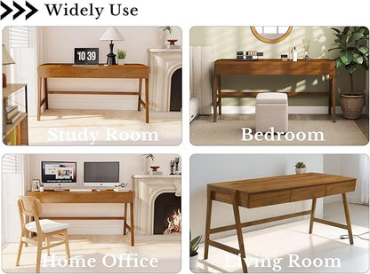 HNY 59 Inches Walnut Wooden Writing Desk with 3 Drawers, Computer Study Table with MDF Top, Solid Rubberwood Legs and Hidden Cable Management Holes, Corner Makeup Vanity Desk for Home Office, Bedroom