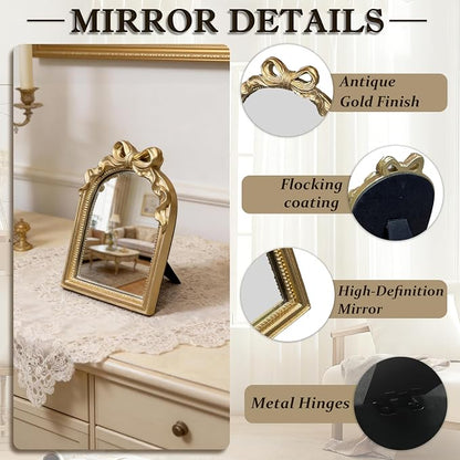 Vintage Carved Resin Desk Mirror - 8x6 Inch Decorative Vanity Mirror for Makeup, Dorm, Bedroom & Tabletop Deco (Bow Gold, 8" L x 6" W)