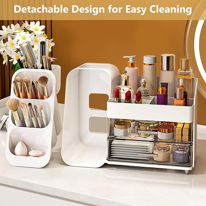 Makeup Organizer with Drawers – Large Cosmetic Storage Box for Vanity, Bathroom, or Bedroom, Perfect for Skincare, Brushes, Lipstick, Eyeshadow,and Beauty Essentials (White)