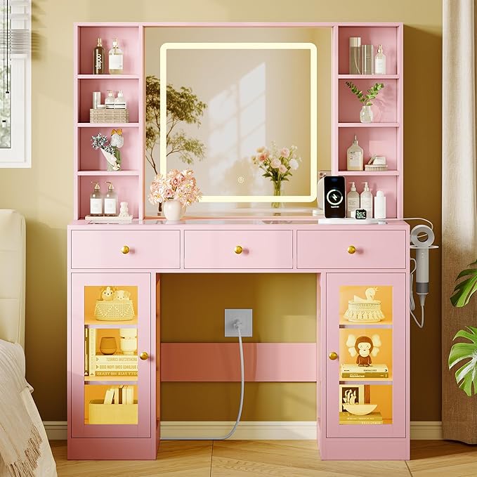Makeup Vanity Desk with HD Lighted Mirror & Power Outlet, Glass Top Vanity Table Set with Storage Drawers & RGB Cabinets, Large Dressing Table with 3 Lighting Modes for Bedroom Women Girls Kids, Pink