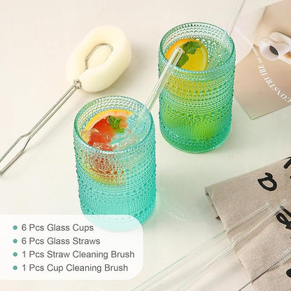 ZMOWIPDL Vintage Glassware Drinking Glasses Set of 6,15 oz Hobnail Glass Cups,Embossed Lake Blue Water Tumbler,for Beer,Cocktail,Whiskey,Juice and Various Mixed Drinks- 1 Cleaning Brush
