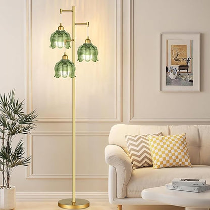 Gold Floor Lamp for Living Room Bedroom,3 Lights Modern Floor Lamps with Unique Green Glass Shades,68IN Mid Century Tall Standing Lamp,Vintage Tree Floor Lamp for Corner Office Reading Bulb Included