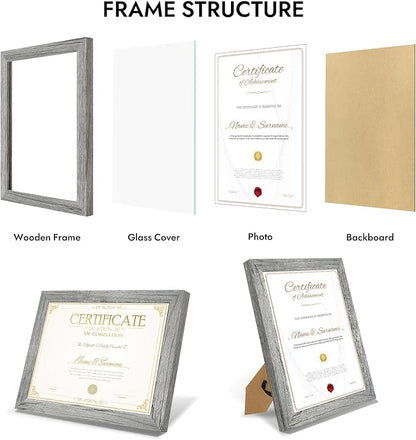 8.5 by 11 Diploma Picture Frame, Made of Real Glass and Wooden Certificate Frame, Horizontal and Vertical Display for Wall or Tabletop (Grey, 1Pack)