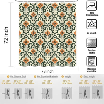 Vintage Boho Floral Shower Curtain，Mid Century Modern Abstract Orange Green Bathroom Curtain，Polyester Fabric Waterproof Bath Curtains 72x78 Inch with 12 Hooks