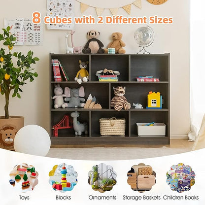 KOTEK Toy Storage Organizer, 8 Cubby Kids Bookshelf, Wooden 4-Tier Bookcase Storage Cabinet, Open Display Book Shelf for Daycare, Nursery, School Classroom, Playroom & Bedroom (Grey, 8 Cubes)