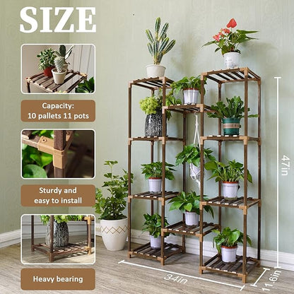Uneedem Plant Stand Indoor Outdoor, Tall Plant Shelf for Multiple Plants, 10 tiers 11 Pot Large Plants Holder Rack Wood Plant Shelves for Room Corner Balcony Garden Patio