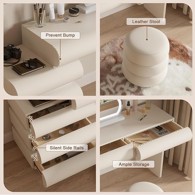 Makeup Vanity Desk with Lighted Mirror and Stool, Faux Leather Upholstered Finish, Modern Dressing Table with 5 Drawers for Bedroom and Makeup Room, Easy Assembly, White
