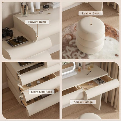 Makeup Vanity Desk with Lighted Mirror and Stool, Faux Leather Upholstered Finish, Modern Dressing Table with 5 Drawers for Bedroom and Makeup Room, Easy Assembly, White