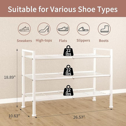 DongRong White Shoe Rack,3 Tier Metal Simple Shoe Storage Organizer Multi-Functional Shelf for Closet,Entryway, Garage,Dorm Room(White, 3 Tier)