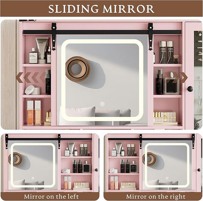Makeup Vanity Desk with Sliding Mirror and Lights, Farmhouse Vanity Table Set with Power Outlet & RGB Cabinet, Dressing Table with Storage Drawers & Shelves for Kids Girls Women Bedroom, Pink