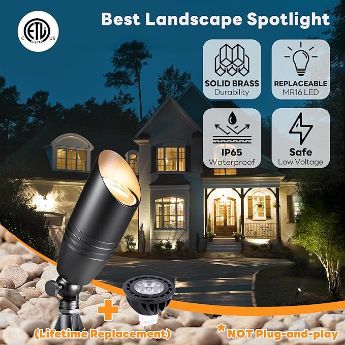 Brass Landscape Lighting - Black Low Voltage Spotlights Outdoor LED, 12V Wired Uplights, Waterproof Spot Lights for Outside Trees with 5W 5000K Daylight MR16 Bulb (4 Pack)