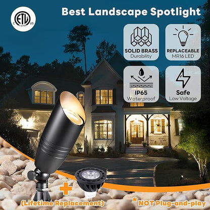 Brass Landscape Lighting - Black Low Voltage Spotlights Outdoor LED, 12V Wired Uplights, Waterproof Spot Lights for Outside Trees with 5W 5000K Daylight MR16 Bulb (4 Pack)