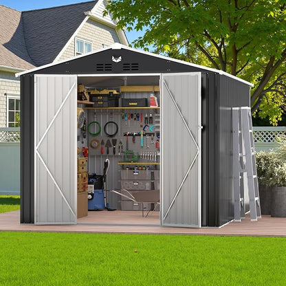 10x12 FT Outdoor Storage Shed, Metal Garden Shed - Tool Storage Sheds with Lockable Doors, Waterproof Outside Storage Building for Backyard, Patio (Black; Floor Not Included)