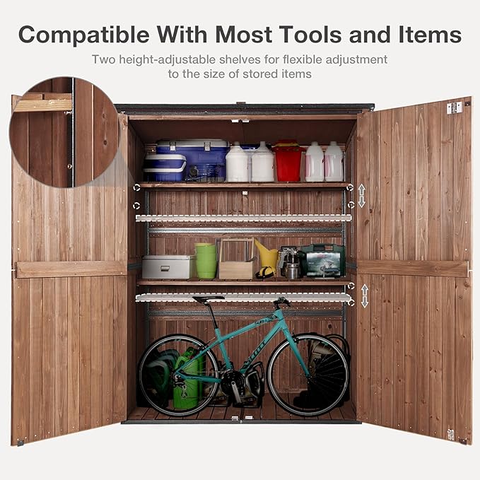 Outdoor Storage Shed with Floor - Waterproof Natural Fir Cabinet with Adjustable Shelves and Double Lock for Anti-Theft - Suitable for Storing Garden Tools, and Household Debris (Deep Brown)