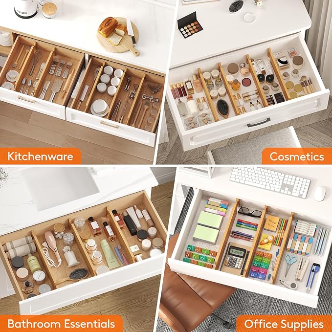 Lifewit 4" High 4 Pack Bamboo Drawer Dividers 43-54cm/17-21.5" Adjustable