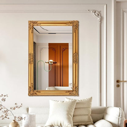 TRAHOME 24"x36" Vintage Gold Baroque Wall Mirror, Ornate Antique Style Decorative Mirror for Entryway, Living Room, Fireplace Mantel, Hallway