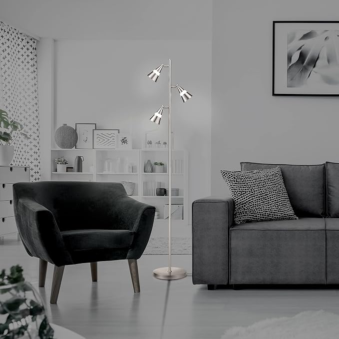 O’Bright Ash - 3-Light LED Tree Floor Lamp, Dimmable 3-Head LED, Multidirectional Standing lamp, Adjustable Multi-Shade, Swivel Cone Floor Lamp for Living Room, Bedroom, Black