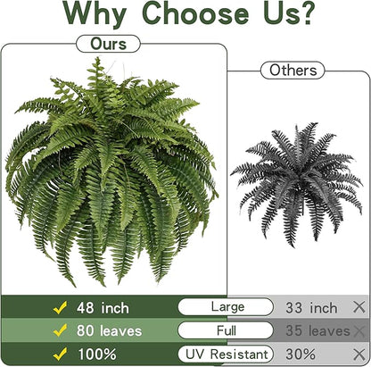 Silky Artificial Boston Fern Bush,48IN Fake Fern Large Hanging Plant That Look Real for Outdoors Home Decor,80Branches (Pack of 2)