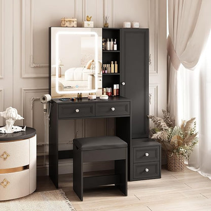 Makeup Vanity Desk with LED Lighted Sliding Mirror, Vanity Table with Jewelry Cabinet and 4 Drawers, Charging Station & Lots Storage Shelves, Adjustable Brightness, Dressing Table Cushioned Stool Set