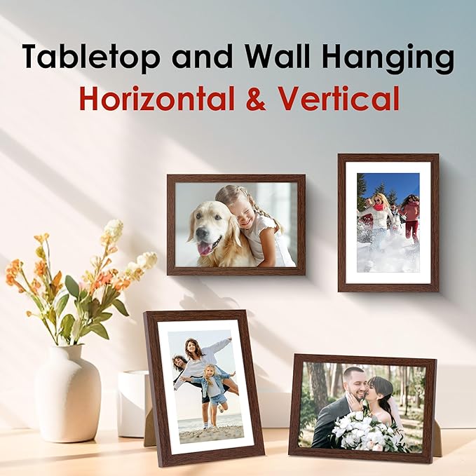 FIXSMITH 5x7 Picture Frame Set of 2, Photo Frame with HD Plexiglass, Display Pictures 4x6 with Mat or 5x7 Without Mat, Brown Picture Frames Collage for Tabletop or Wall Display