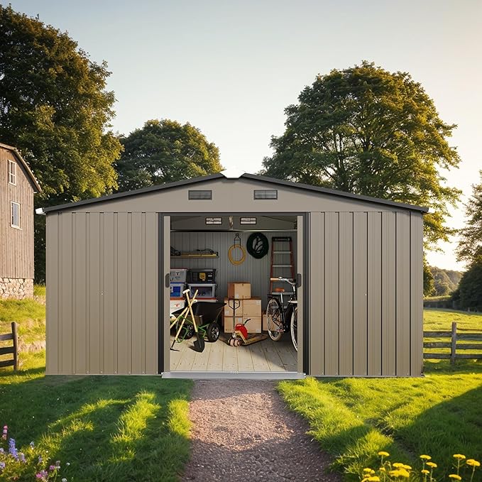 10x12 FT Outdoor Storage Shed, Large Metal Garden Shed with 2 Windows, Outside Tool Sheds with Lockable Sliding Doors, Waterproof Storage Building with 4 Air Vents for Backyard, Patio, Lawn, Brown