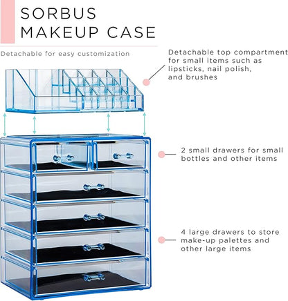 Sorbus Clear Cosmetic Makeup Organizer - Make Up & Jewelry Storage, Case & Display - Spacious Design - Great for Dresser, Bathroom, Vanity & Countertop (4 Large, 2 Small Drawers) [Blue Brilliance]