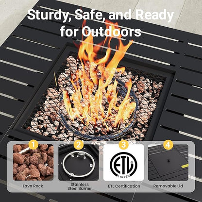 FansaFurn Black Propane Fire Pit Table, 50000 BTU Gas Fire Pits Table with Removable Lid and Lava Rock, Square Fire Table with Cover, 30'', Ideal for Dining or Party on Patio, Garden, Yard