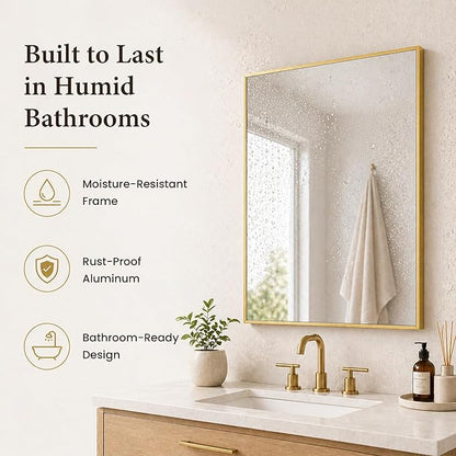 24x36 Inch Brushed Gold Bathroom Mirrors Set of 2, Tempered Glass Rectangular Wall Mirror, Rustproof Metal Frame Double Vanity Mirrors for Over Sink, Entryway, Flush Mount